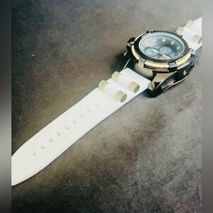 White Strap Sport Watch with Black & Gold Case
